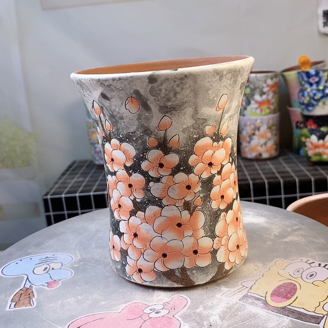 紫砂花盆红陶手绘花盆