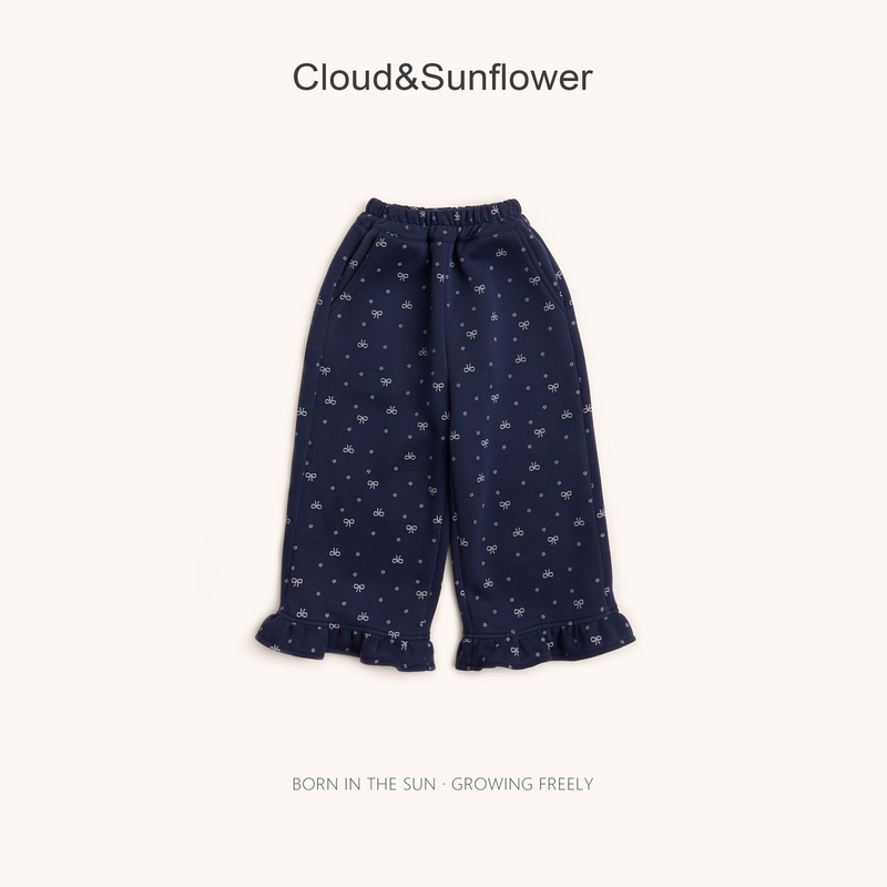 【云朵小葵】女童秋季新款满印蝴蝶结裤脚花边休闲裤1114446