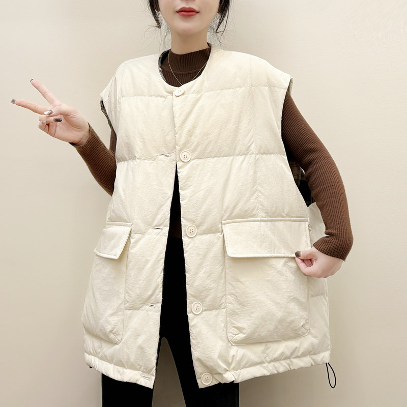 欧洲站休闲中长款白鸭绒马甲女2025年春秋新款大口袋马夹背心外套