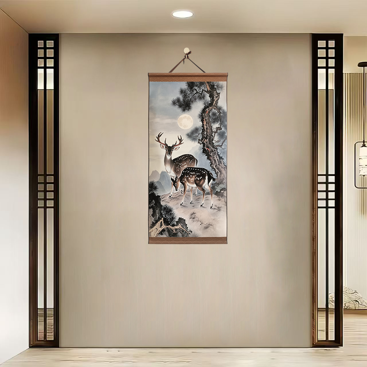 {40-738双鹿图}净尺寸40x85cm现代简约挂轴装饰画办公室家居装