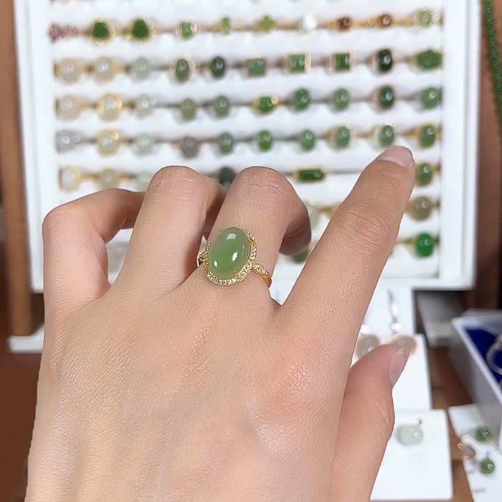 和田玉戒指银S925镀金镶嵌