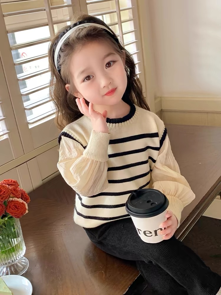 新款女童春装甜美女孩条纹针织衫洋气中大童韩版上衣春秋儿童毛衣