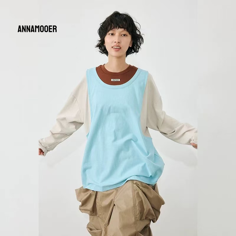 ANNAMOOER 舒适俏皮宽松潮流撞色三色圆领长袖T恤 AM1352S562T