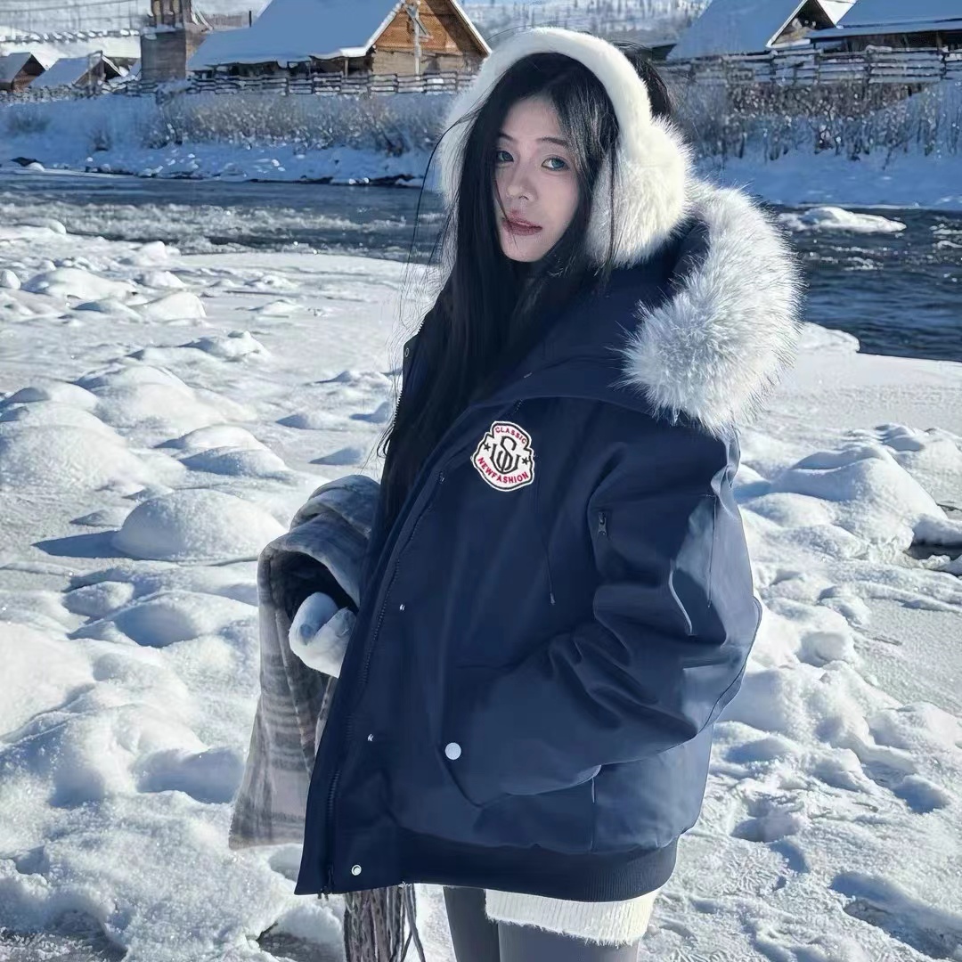 2025派克服女宽松连帽保暖防水宽松型棉服棉衣加厚秋冬毛领