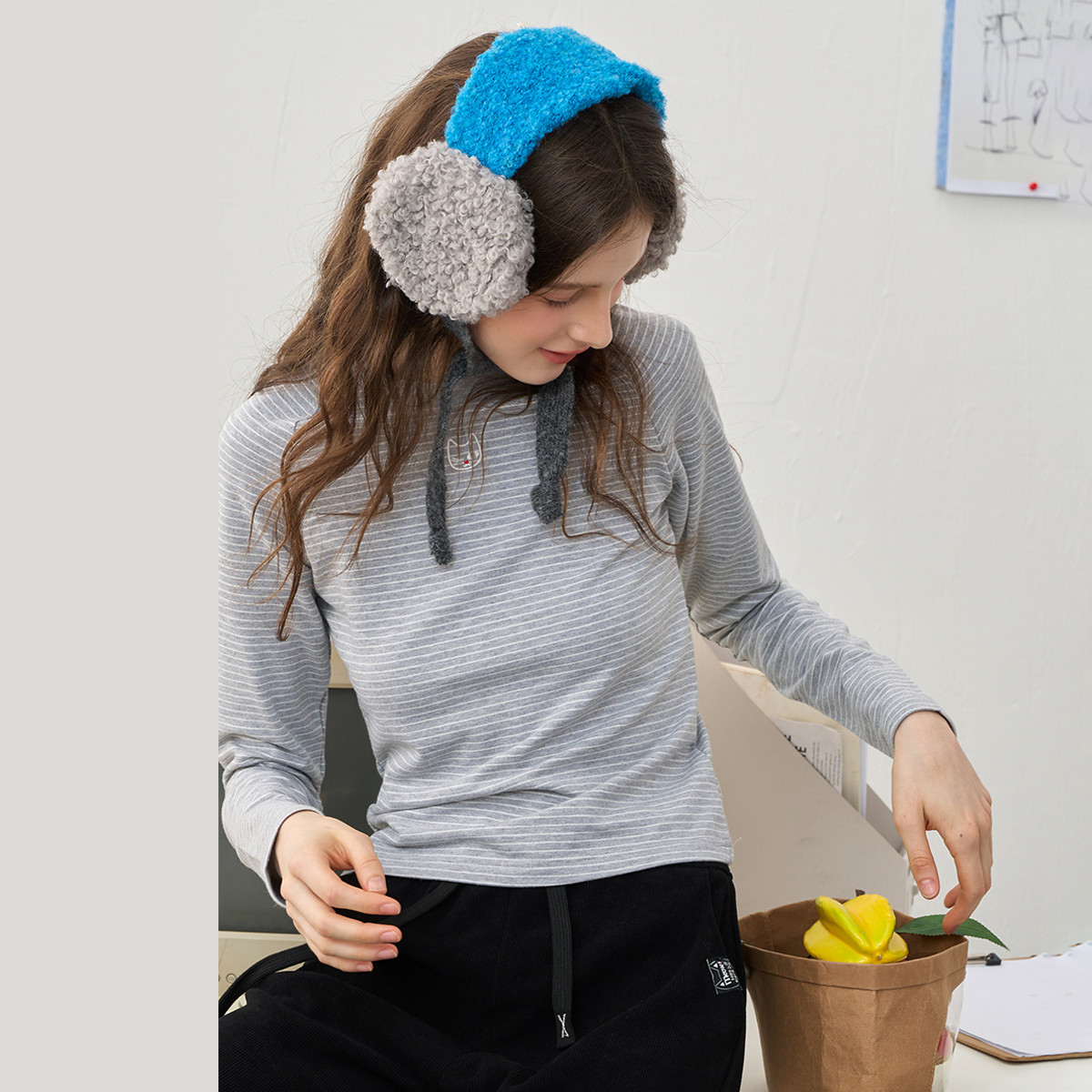 【茉茉专属】撞色条纹刺绣圆领亲肤打底上衣打底衫AEW3U1M14