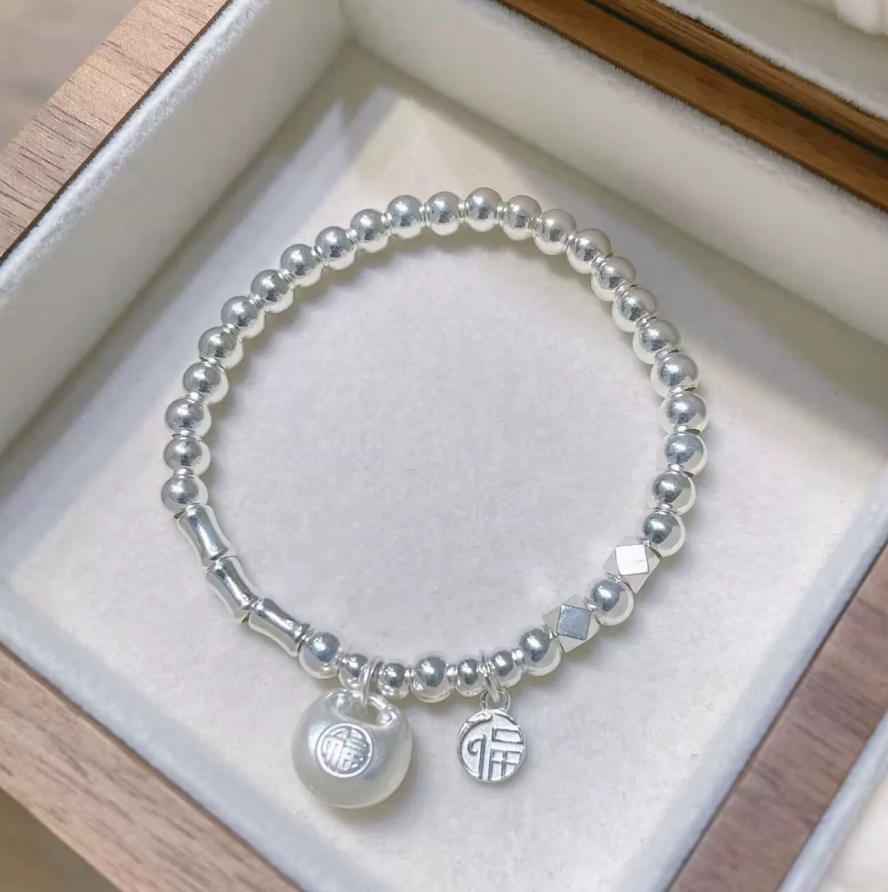 【T】足银手链 胖福竹节珠珠手链银材质足银SL0083