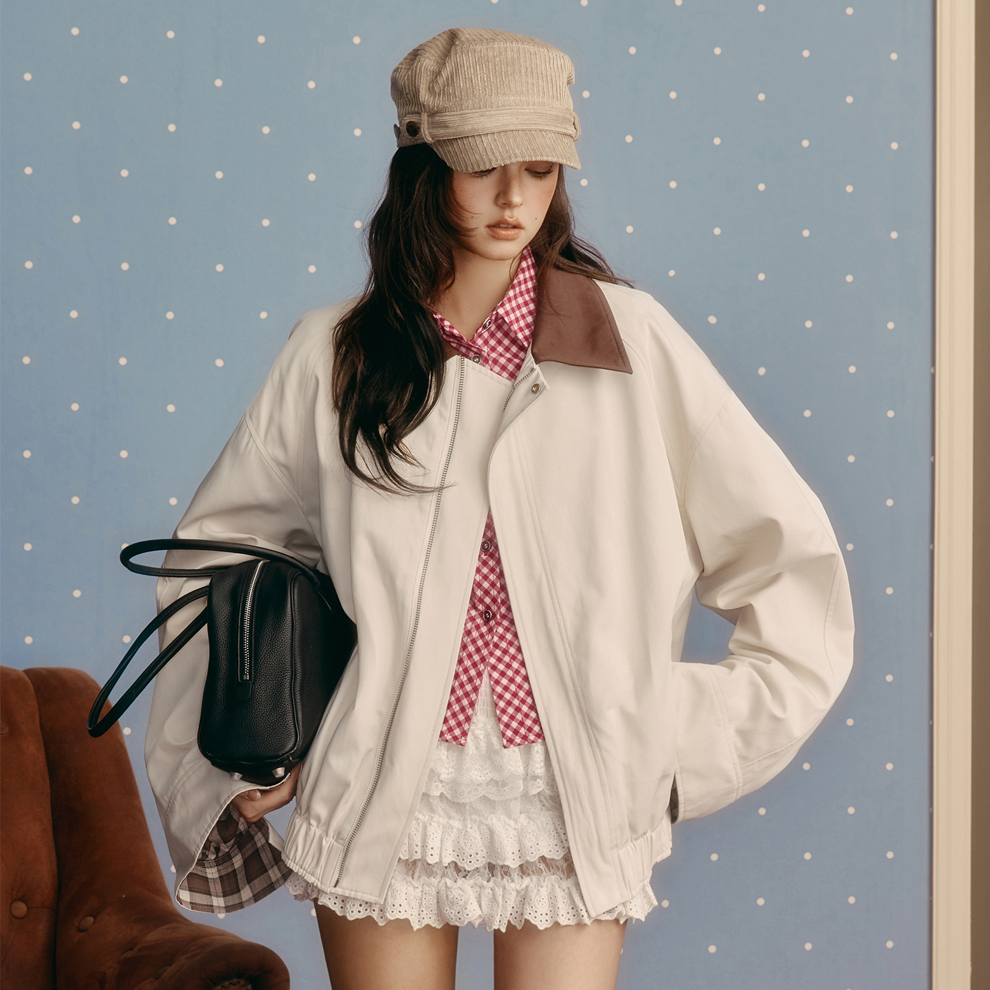 wooha 吾哈2025秋季新款复古宽松落肩袖翻领短外套女