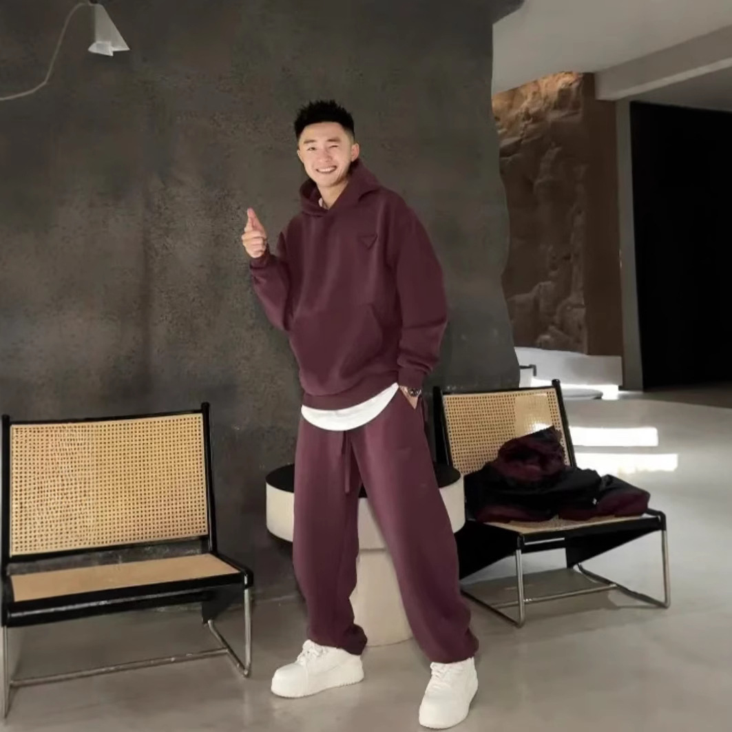 春季韩版连帽卫衣三角标休闲套装男士时尚潮流纯色简约百搭欧若风