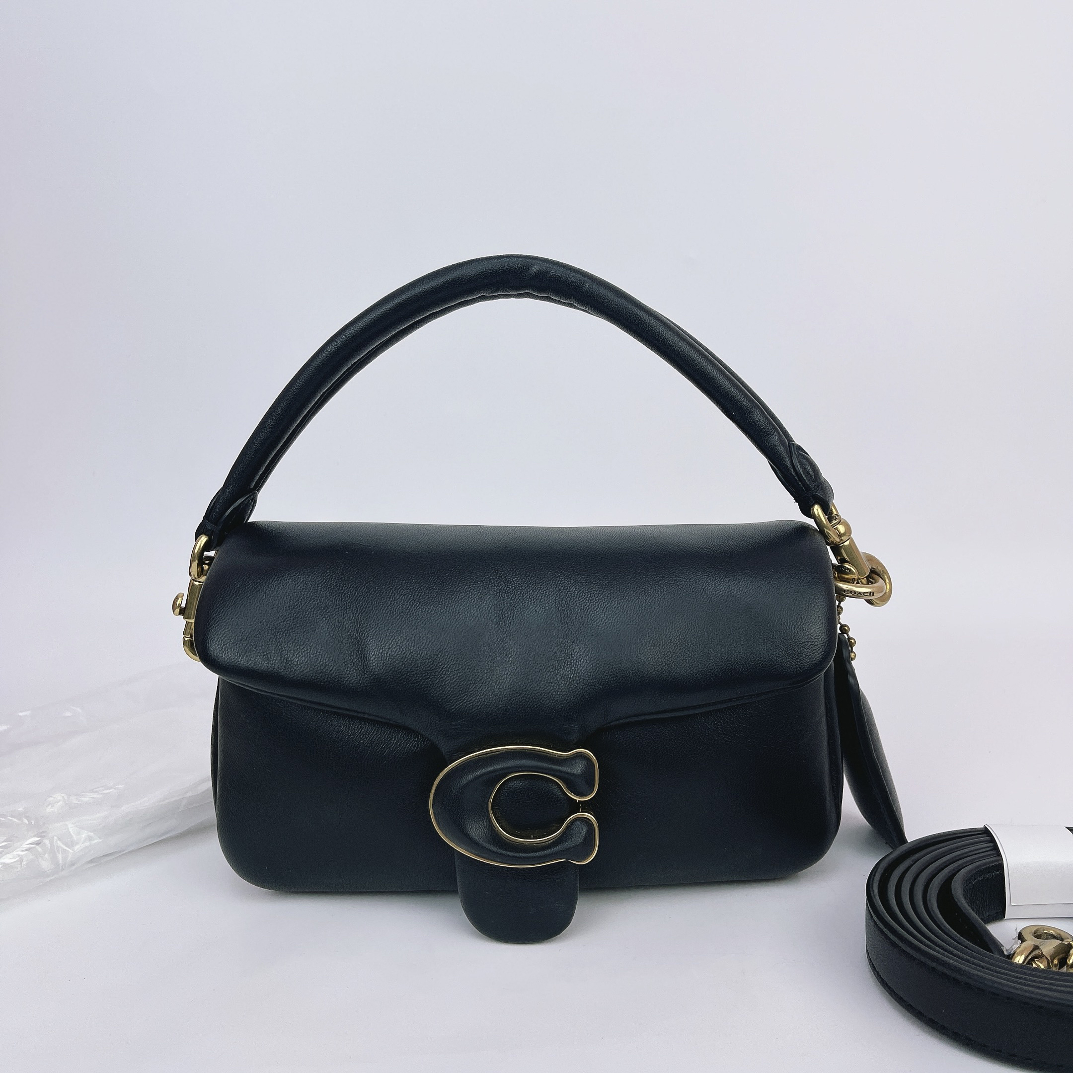 95新 COACH/蔻驰 蔻驰 黑色牛皮手提单肩包底长18 O514