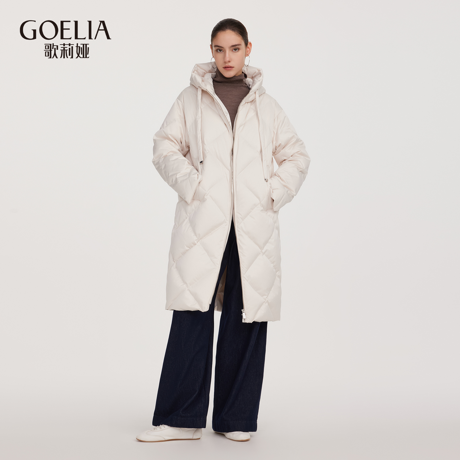 歌莉娅白色连帽鹅绒服冬季保暖宽松羽绒服男女同款百搭1ECR8D72B