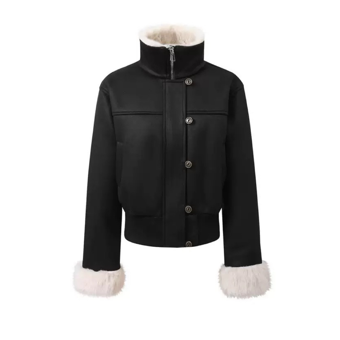 黑色女短款修身2025秋冬新款加厚毛毛夹克上衣外套 