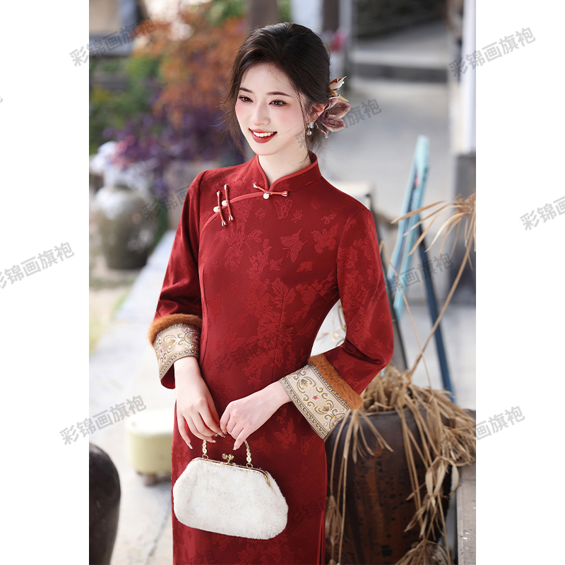 红色旗袍订婚礼服女冬款加绒加厚女款新中式拜年服敬酒服日常可穿