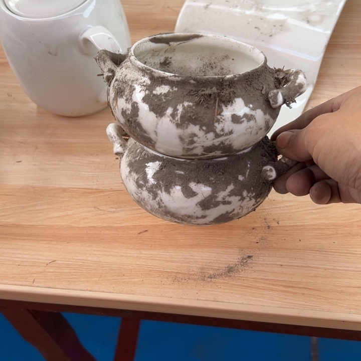 国营尾货四厂三角碗三个煤烧库存尾货双耳罐一对