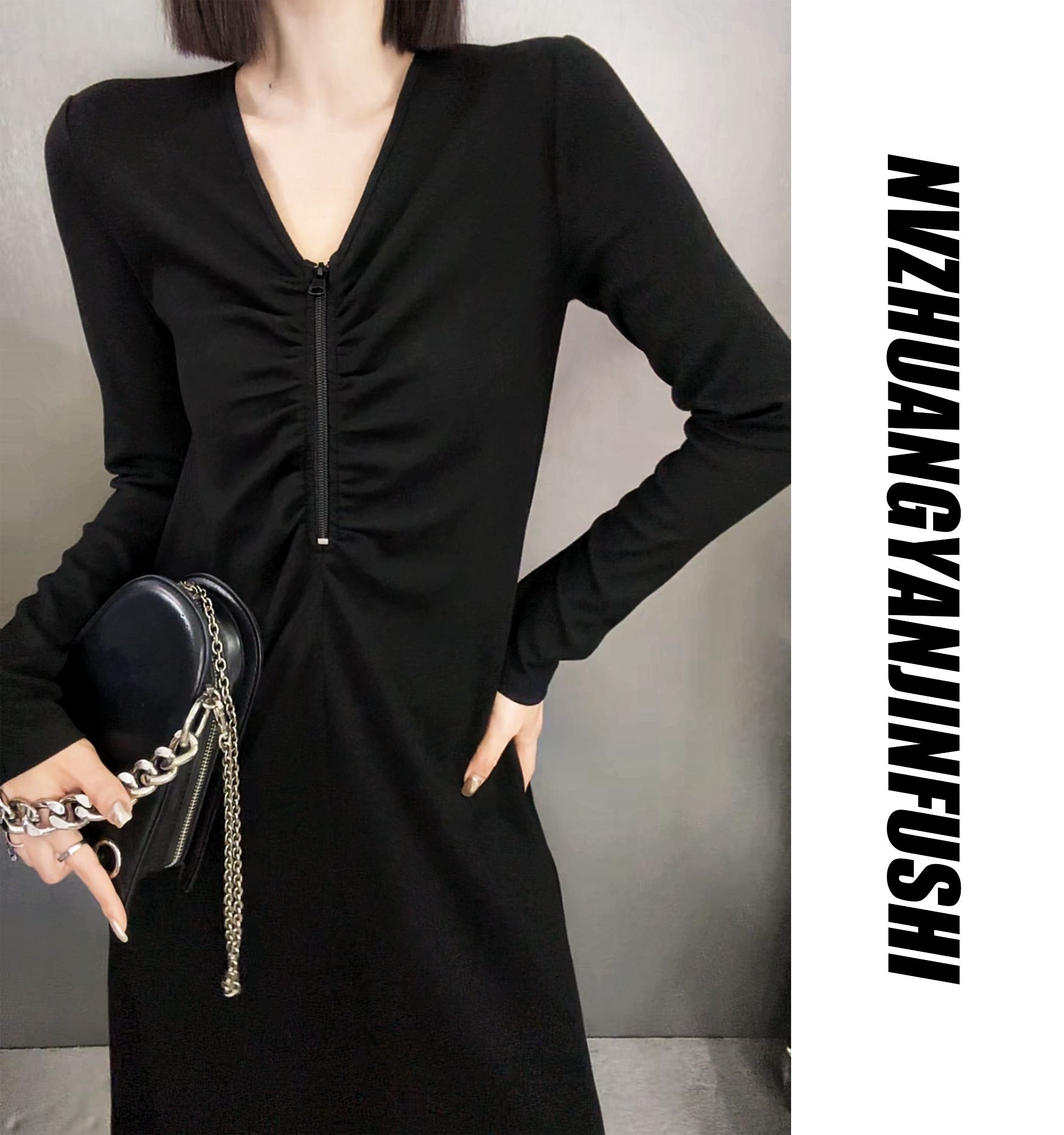 【未棉拉链长裙】（80-180斤）长袖 大码-遮肉显瘦A版 连衣裙