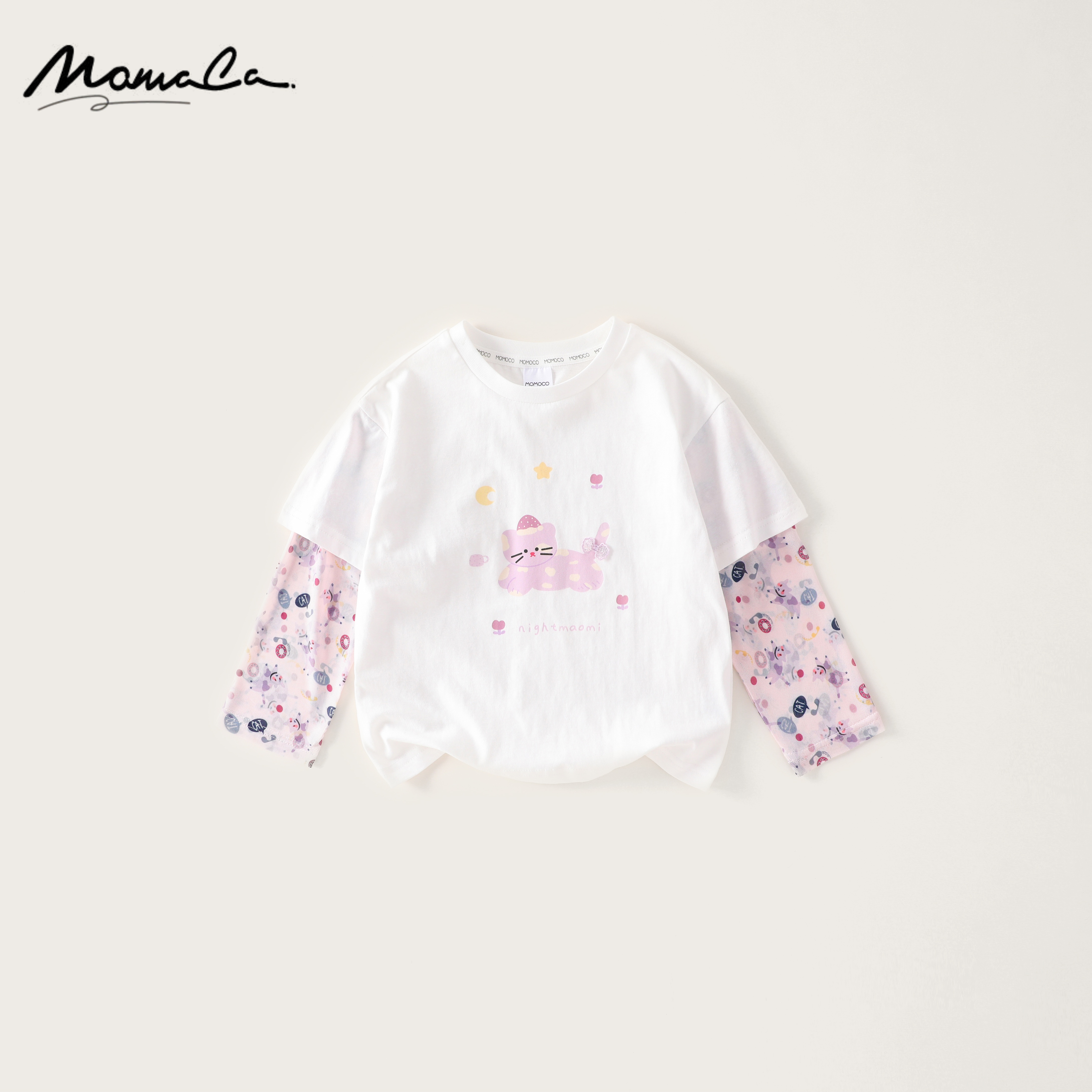 MOMOCO一秒入夏女童新款假两件猫咪T恤百搭宝宝上衣77620235007