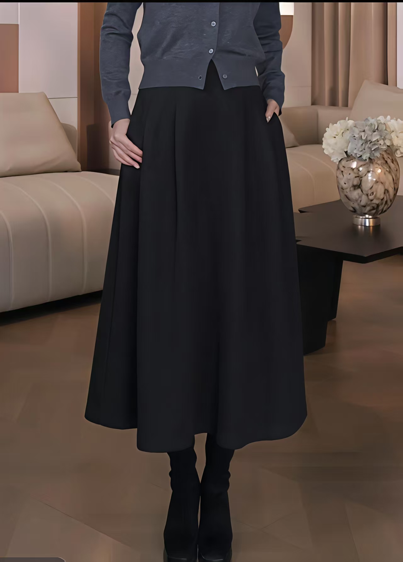 黑色高腰半身裙女秋冬季2025新款显瘦气质垂感a字大摆中长伞裙