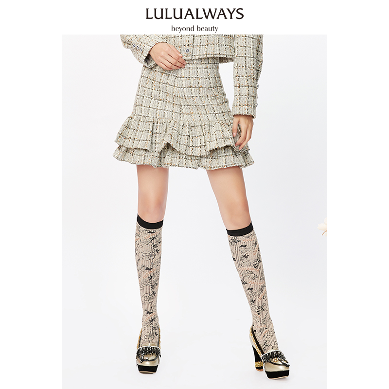 LULUALWAYS 法式气质格子小香风鱼尾半身裙