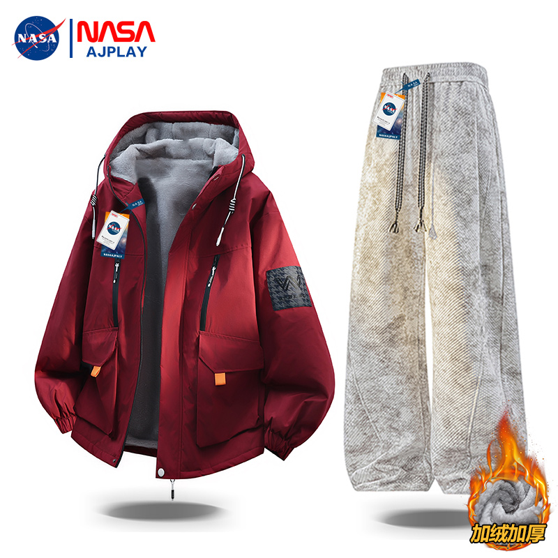 NASA AJPLAY棉衣男加绒加厚休闲连帽棉服潮流保暖冬季外套两件套