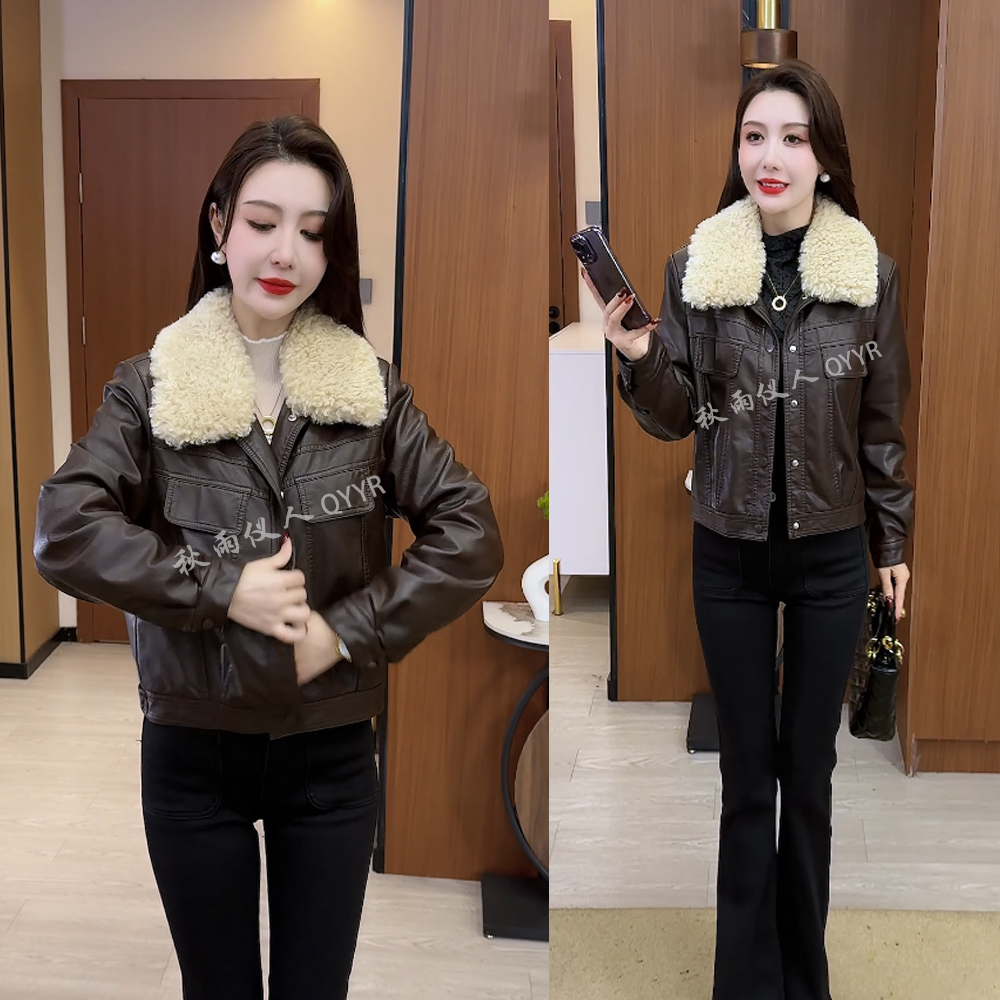 【秋雨仪人】加绒加厚海宁皮衣短款外套女秋冬季新款毛领皮夹克上衣