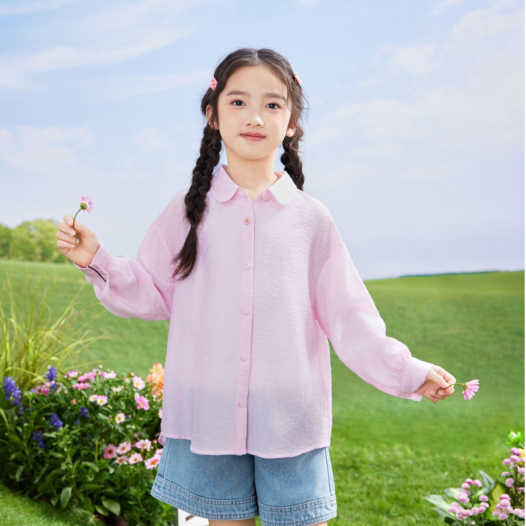 茵曼童装女童长袖衬衣薄款中大童洋气休闲2025夏季衬衫G3852062