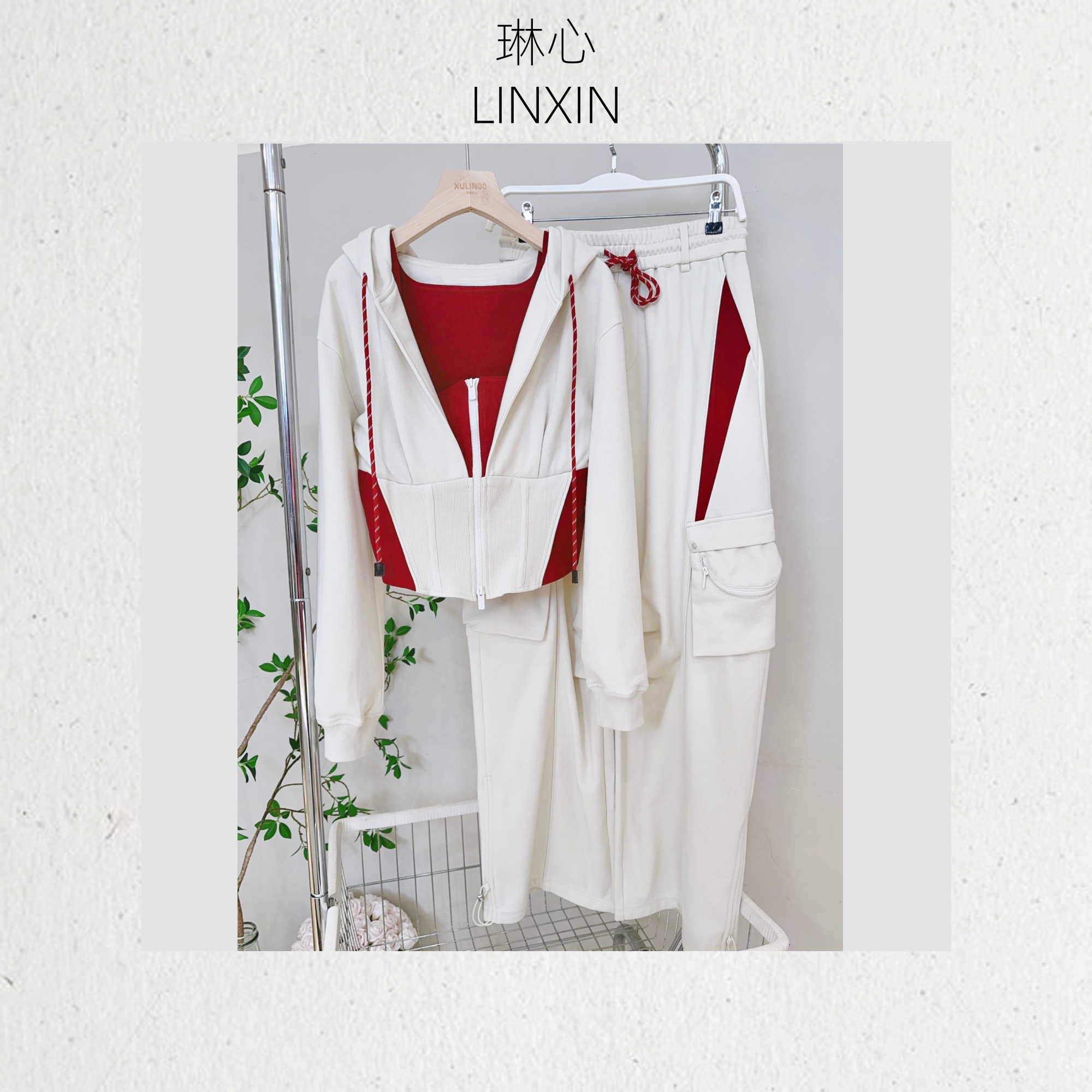 琳心丨春季新款时尚休闲红白拼色连帽卫衣套装 0472