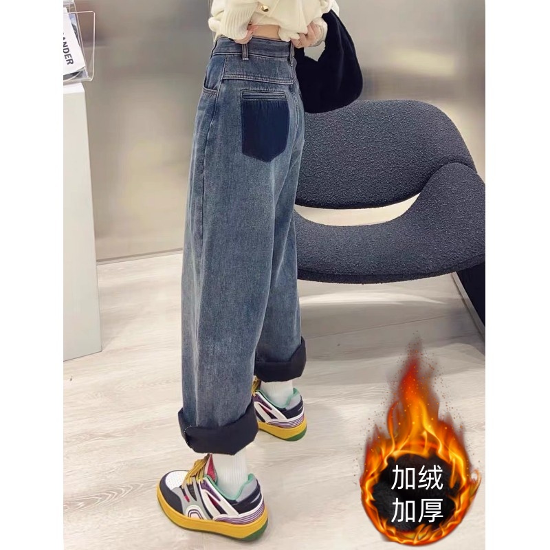 复古牛仔裤女款秋冬加绒加厚高腰显瘦大码2025爆款千金阔腿裤子