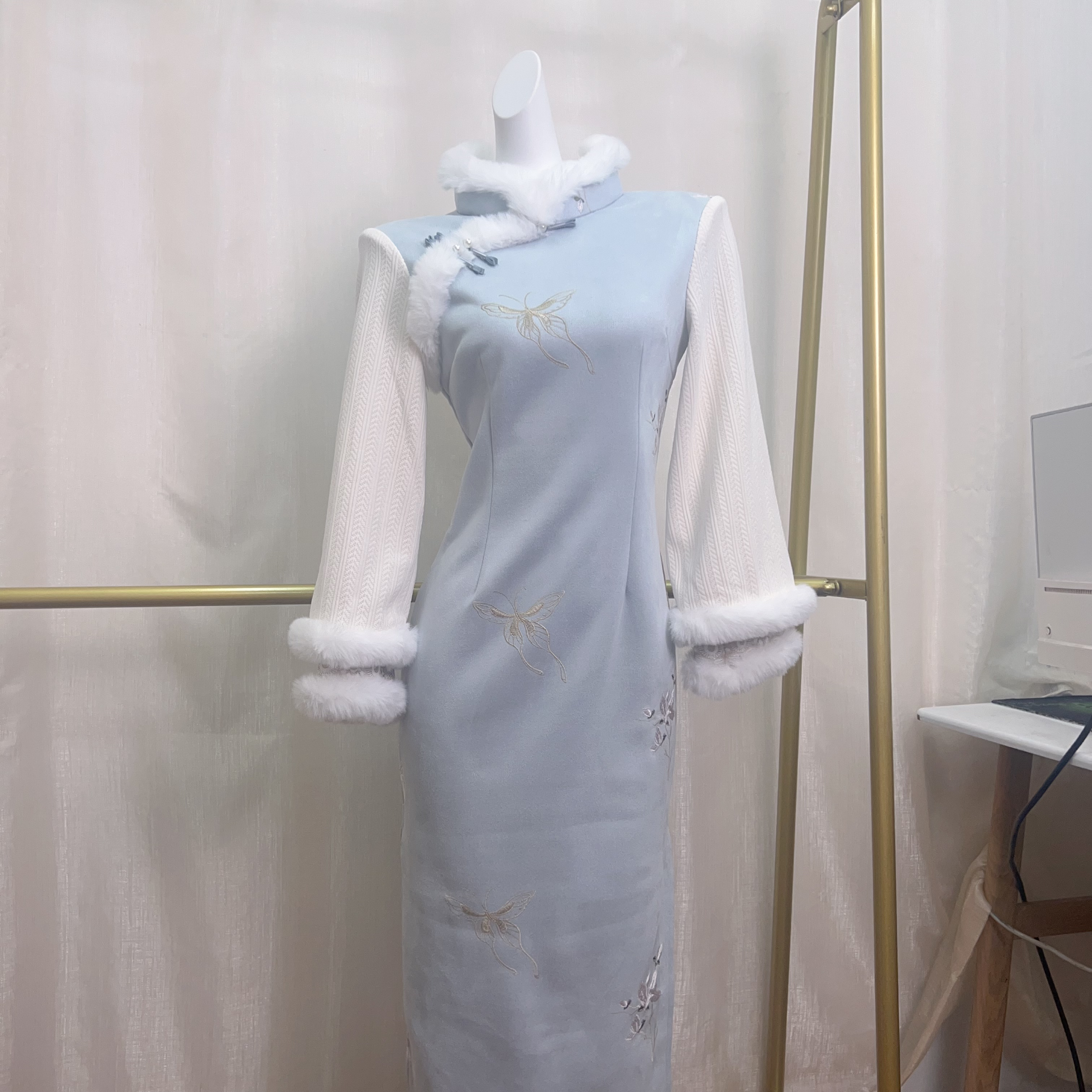 V-3366 雪海棠 雪花绒绣花 加绒冬新中式年轻款改良旗袍120cm长款