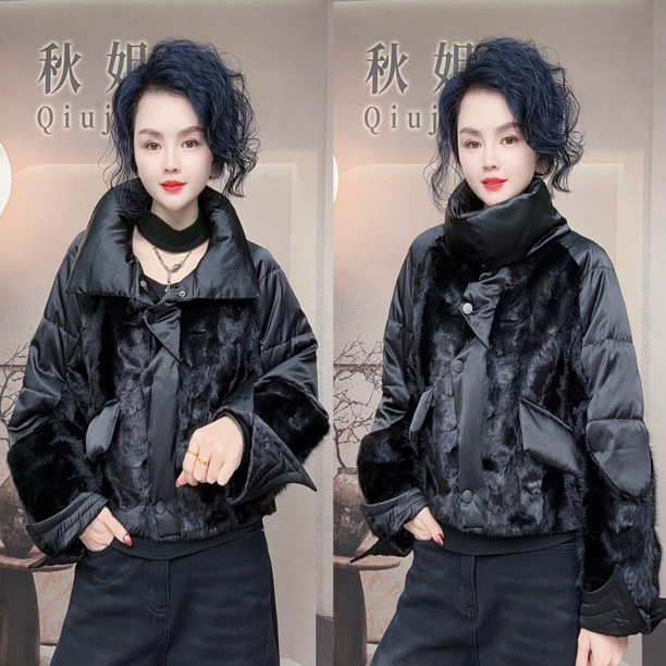 秋姐穿搭-#604新款时尚百搭真丝拼水貂鹅绒短外套