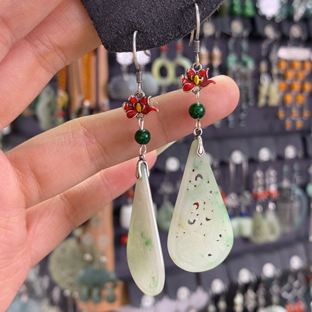 翡翠耳饰银S925镶嵌耳坠