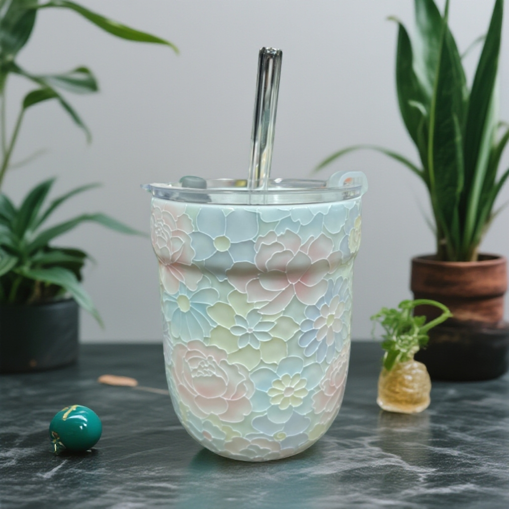 大容量带盖手工手绘万花陶瓷随行杯