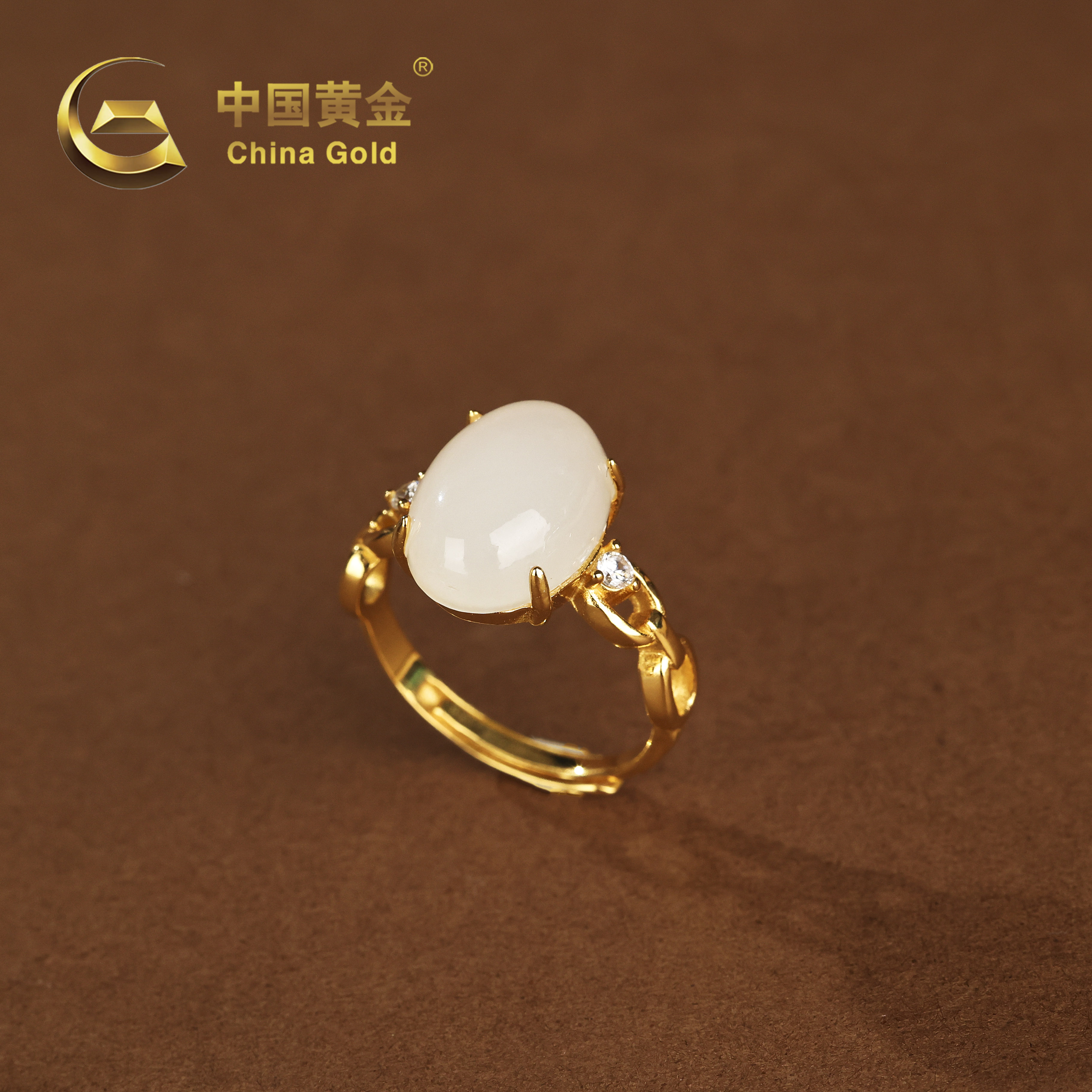 【中国黄金】S925银和田玉白玉蛋面戒指-J755-【北】