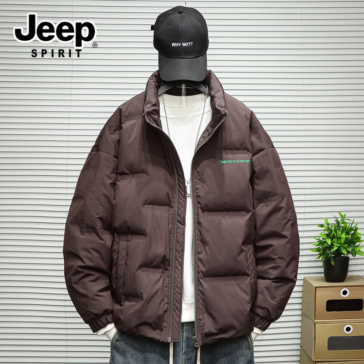 JEEPSPIRIT吉普美式潮牌复古短款面包羽绒服男大码宽松白鸭绒外套