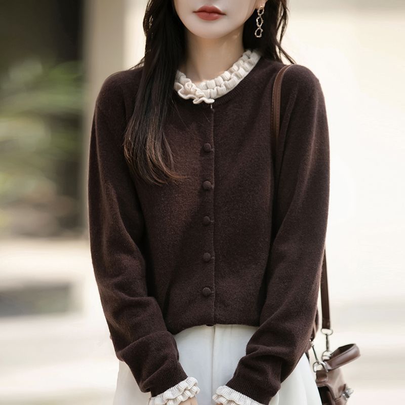 正品撤柜剪标羊毛衫木耳花边针织衫开衫秋冬新款气质减龄外套上衣