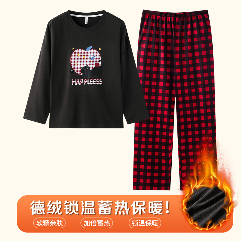 加厚德绒保暖睡衣女苹果小猫家居服套装