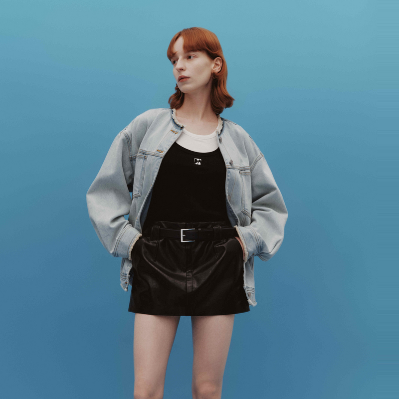 【陈大可专属】MOCO春须边圆领无领做旧落肩牛仔夹克MBD1JKTT04