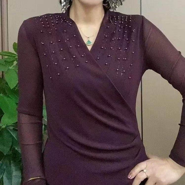 春季新款烫钻钉珠洋气气质长袖小衫网纱显瘦女士V领打底衫(钉珠）