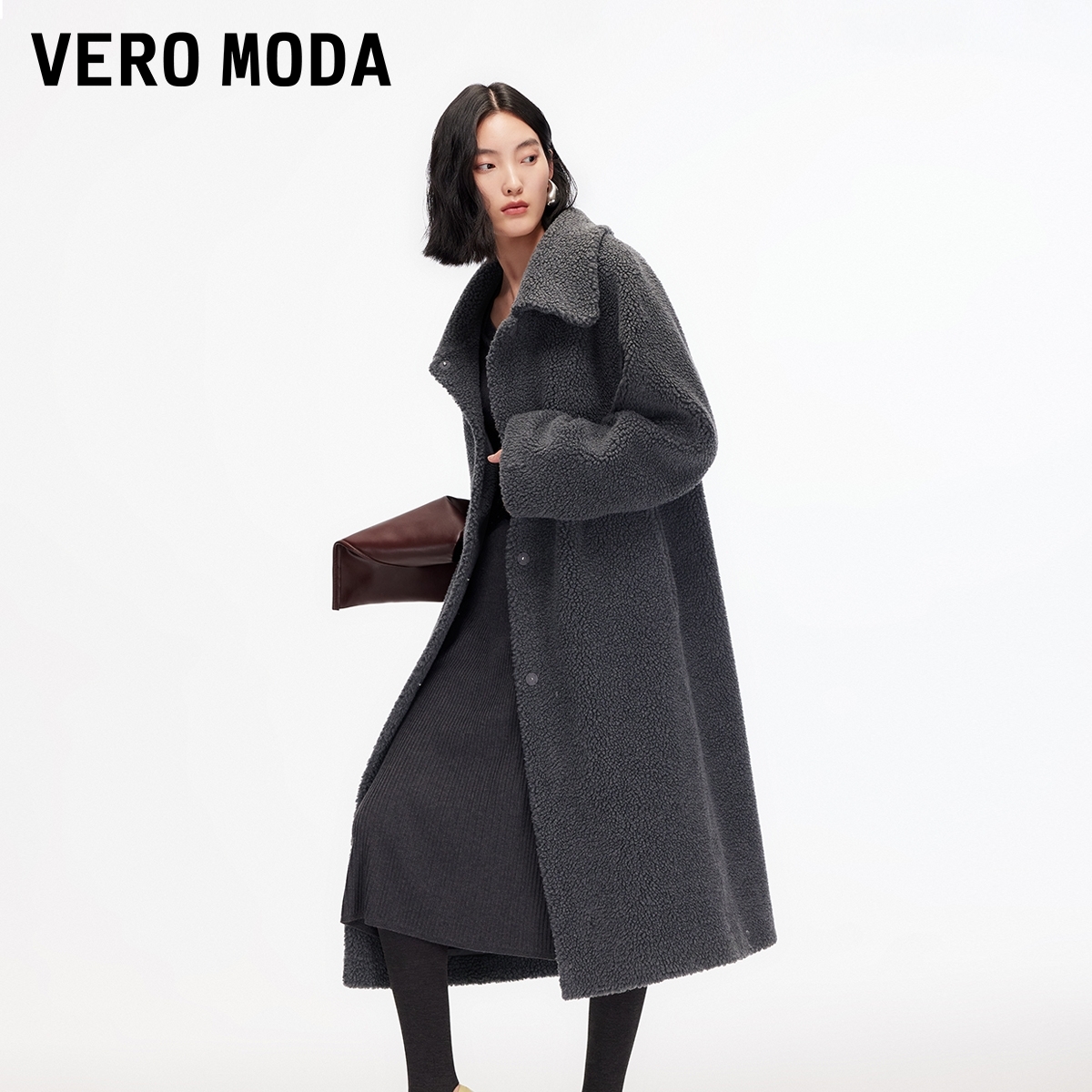 Vero Moda风衣女2025秋冬新款泰迪绒纯色长外套老钱风百搭松弛感