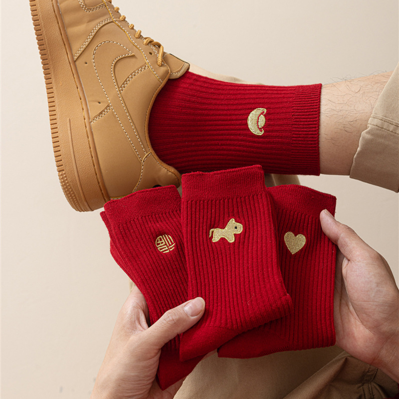 2026年秋冬新款男士马年大红袜子5853双针中筒男袜新年袜本命年袜