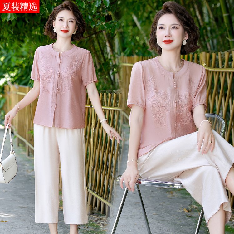 妈妈装新款短袖夏装套装夏季中老年女装大码洋气减龄上衣衬衫