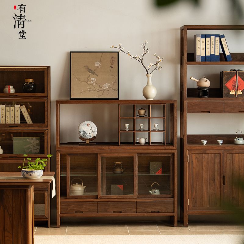 有清堂新中式茶柜黑胡桃实木客厅书房玻璃装饰储物置物收纳展示柜