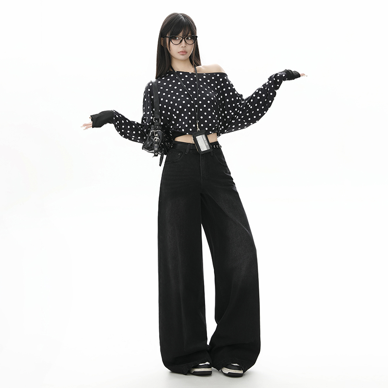 黑秋冬色高腰牛仔裤女2025年秋季秋装新款宽松显瘦阔腿垂感穿搭