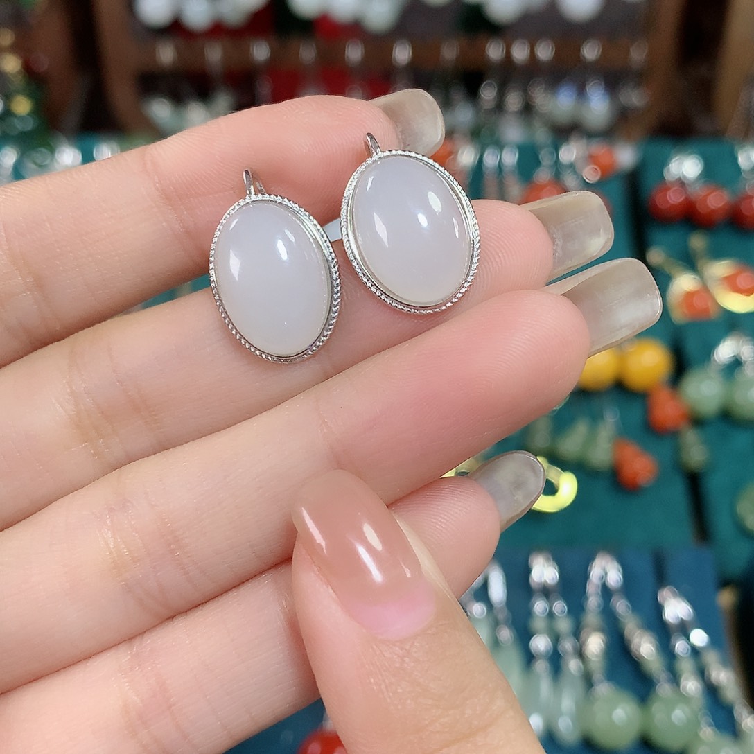 和田玉耳饰银S925镶嵌白色羊脂玉