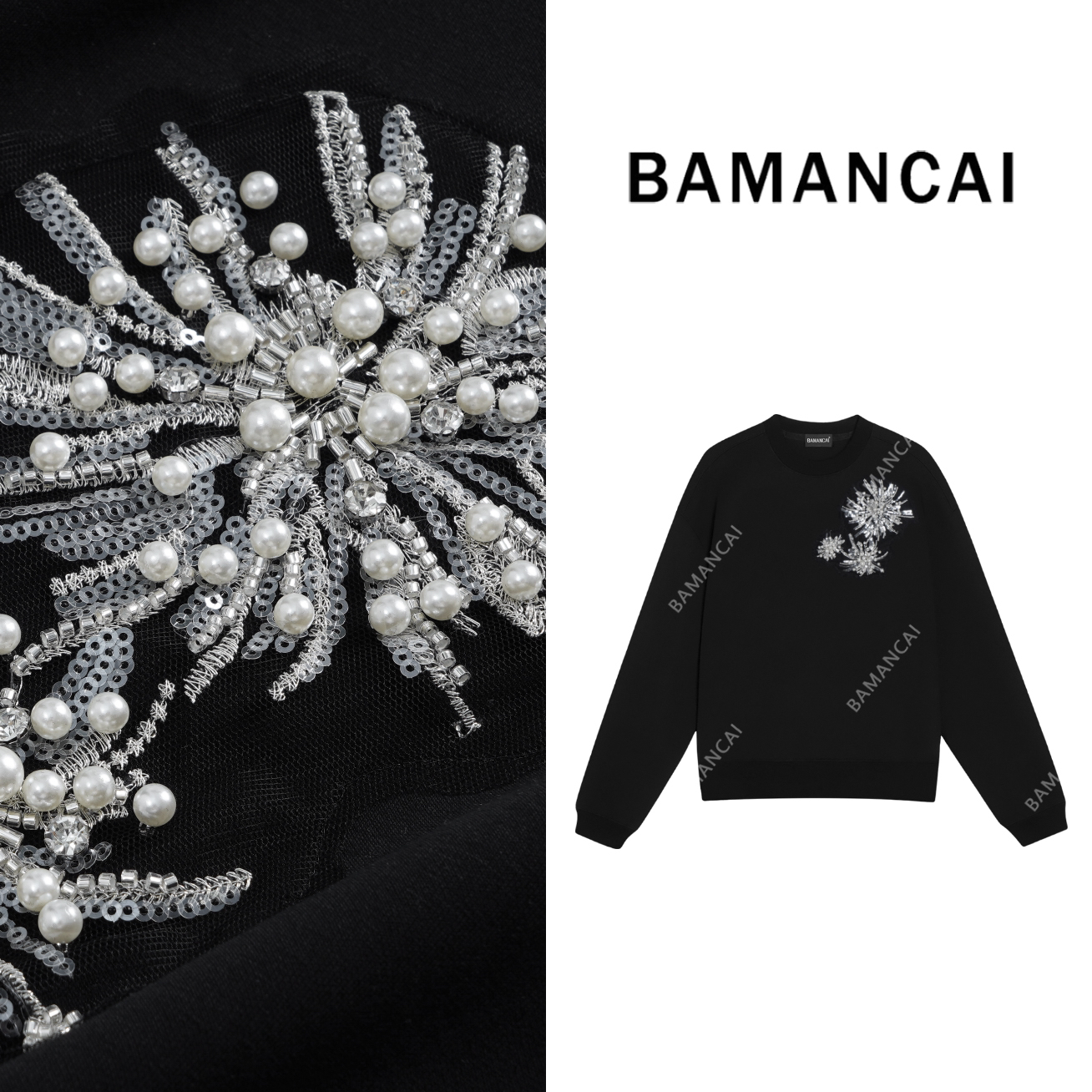 Bamancai-设计感重工绽放钉珠花朵圆领正肩袖棉套头女卫衣