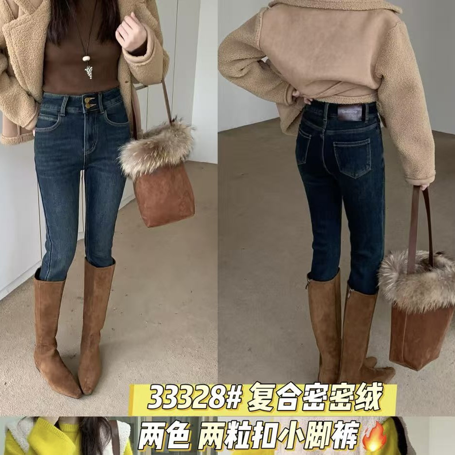 冬季新款加绒加厚高腰显瘦弹力牛仔小脚裤