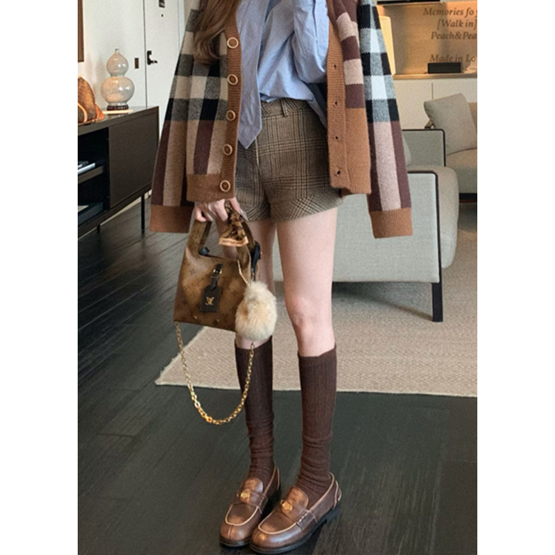 羊毛格子裤 复古高腰修身毛呢短裤秋冬百搭骑士裤靴子裤显瘦a字裤