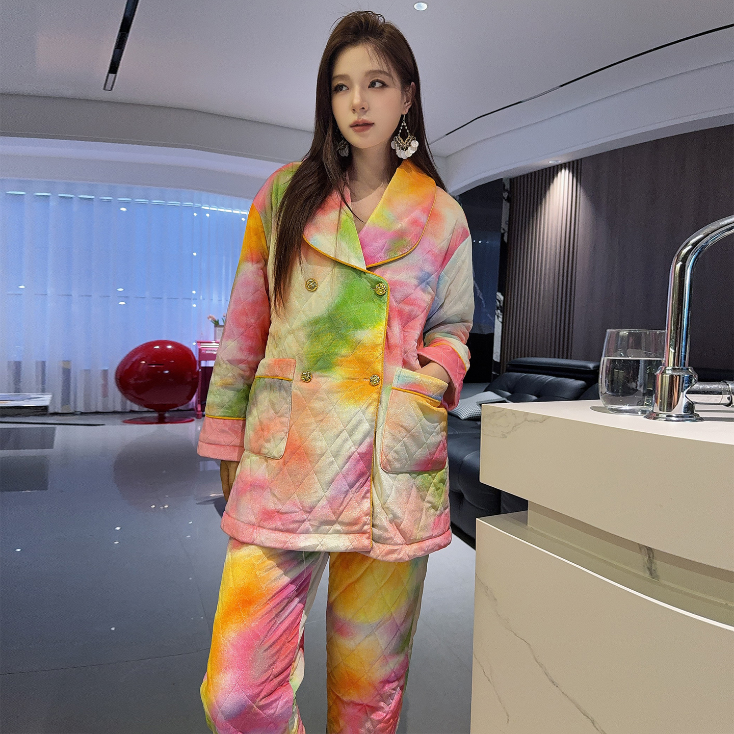 2025新款秋冬三层夹棉睡衣女冬季长袖长裤加厚加绒彩色套装可外穿