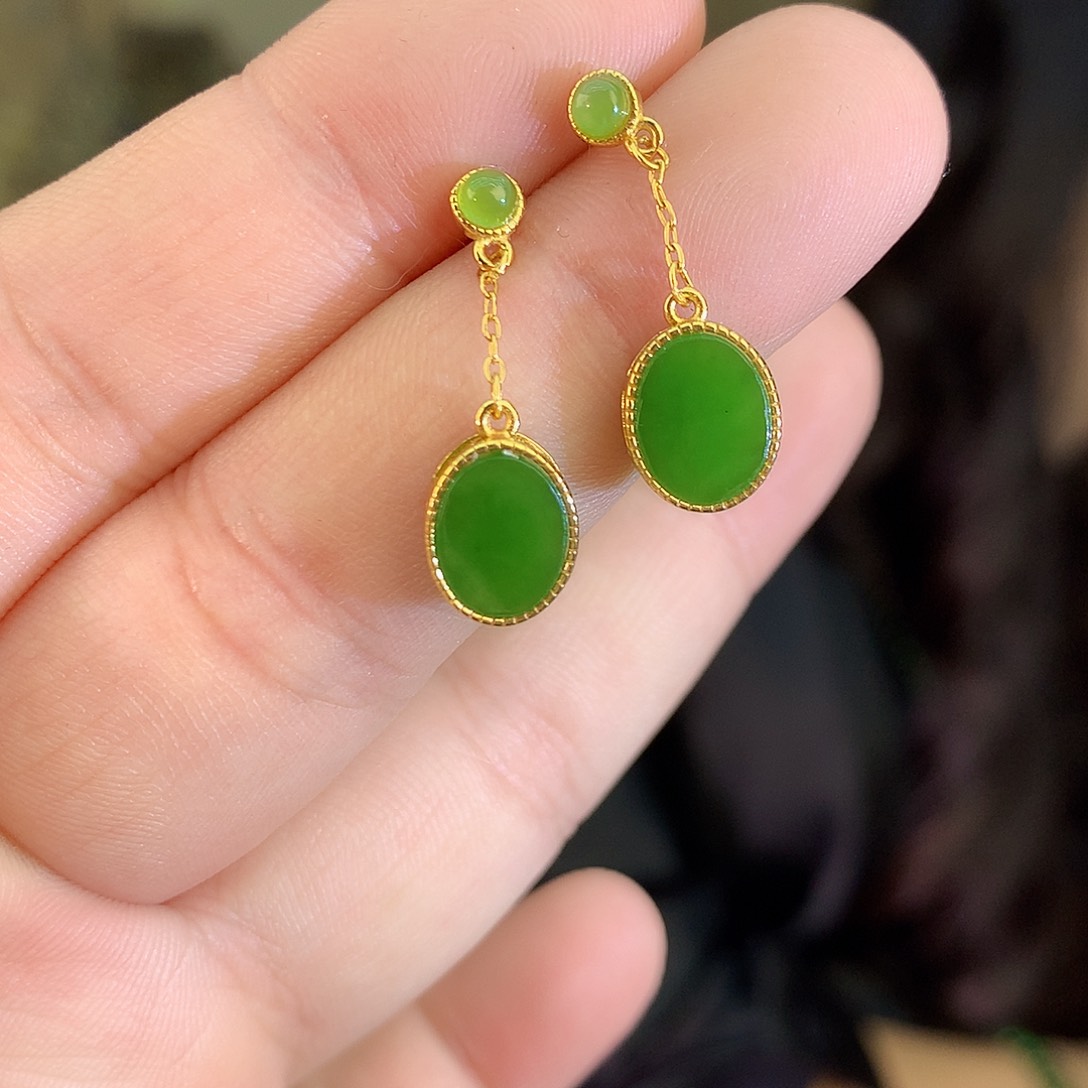 吊坠(不含链)银S925镶嵌和田玉（碧玉）耳饰