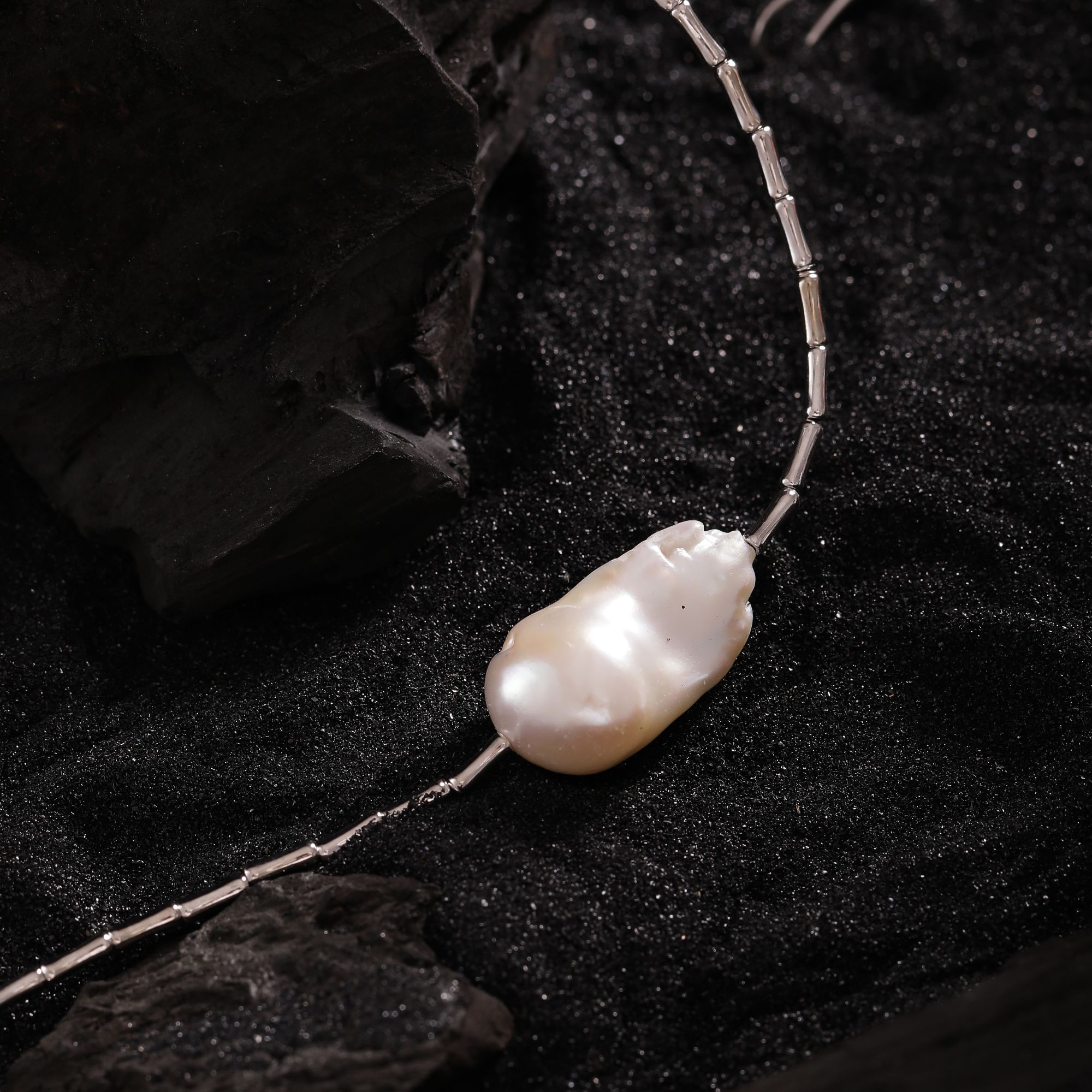 链子925银 N18101 巴洛克白色珠珠竹节链条项链