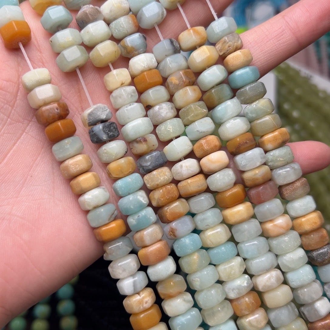 玛瑙/玉髓合金珠宝半成品L340。9mm亚马逊天河石六角算盘珠一条