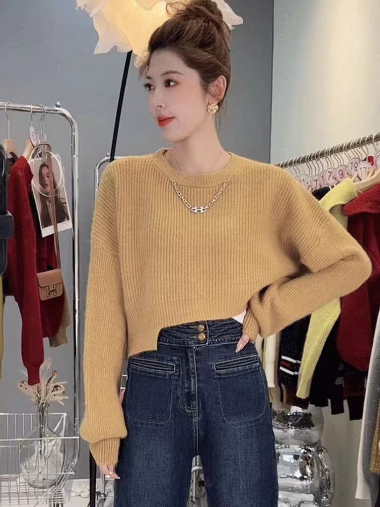 【A32】圆领毛衣女长袖不规则针织打底衫秋冬新款宽松显瘦短款上衣